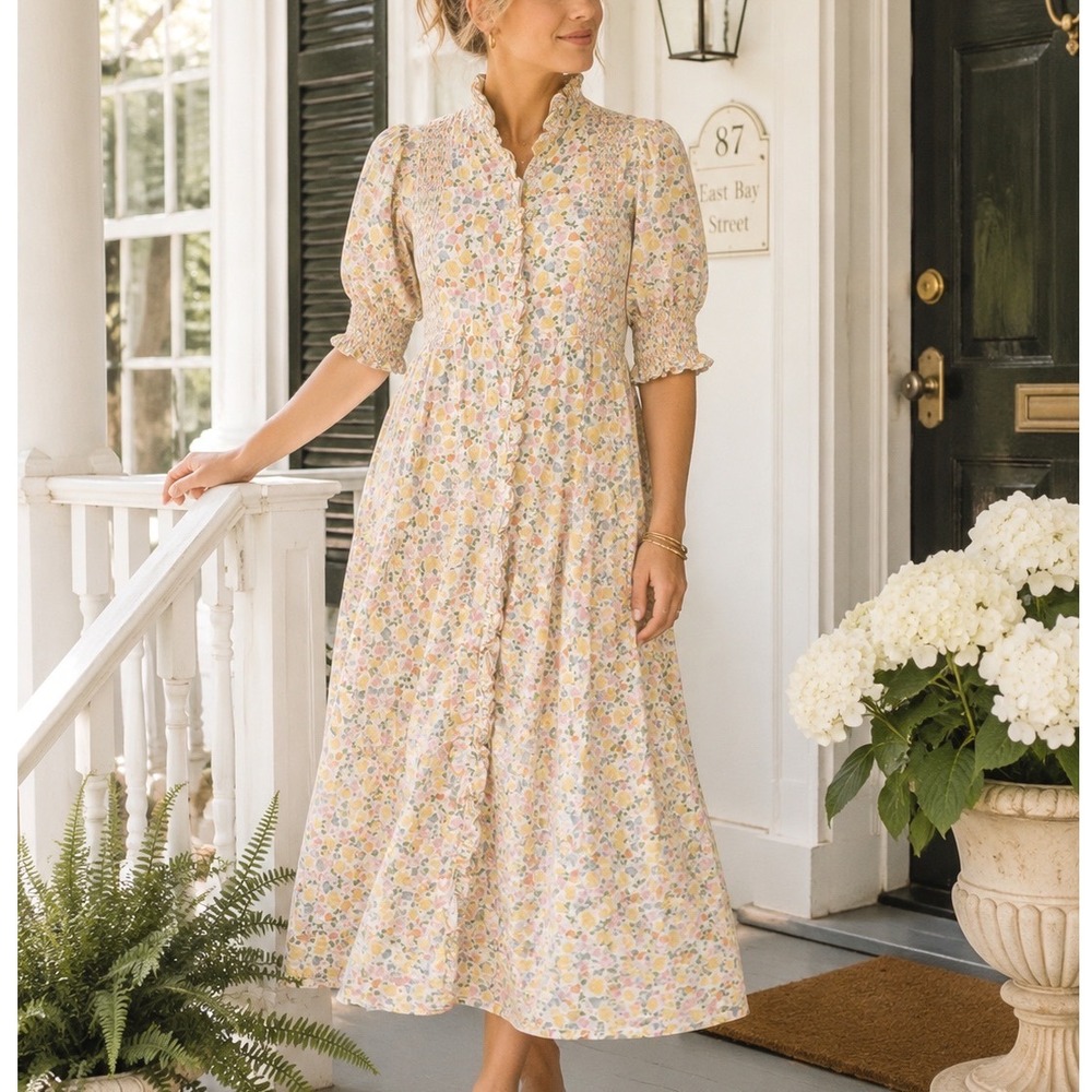 Dondolo Women Floral Smocked Midi Dress Pastel Pink Yellow Blue Cotton XS A5